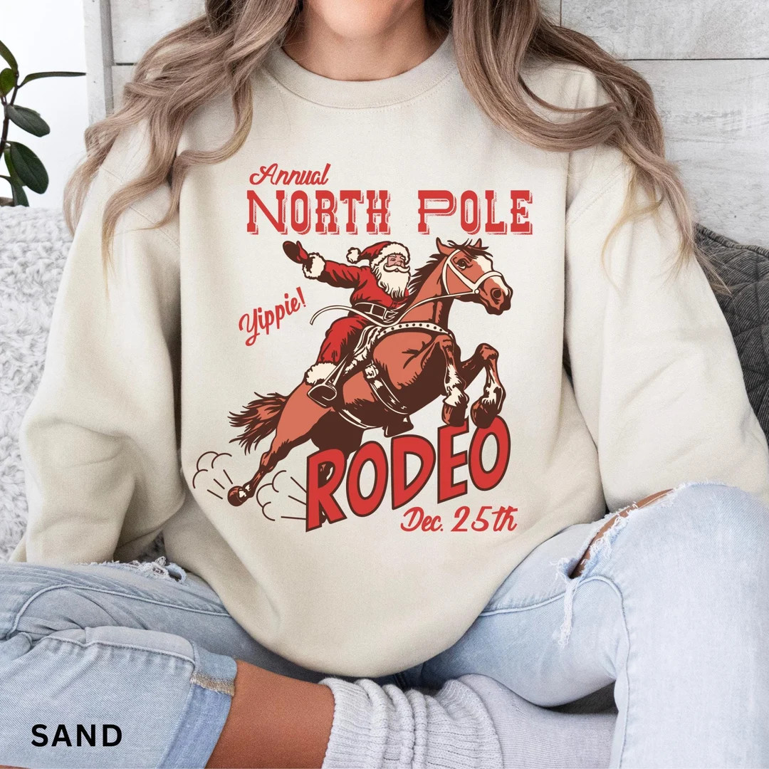 Retro Western Christmas Sweatshirt, North Pole Rodeo Sweatshirt, Trendy Western Holiday Shirt, Cu... | Etsy (US)