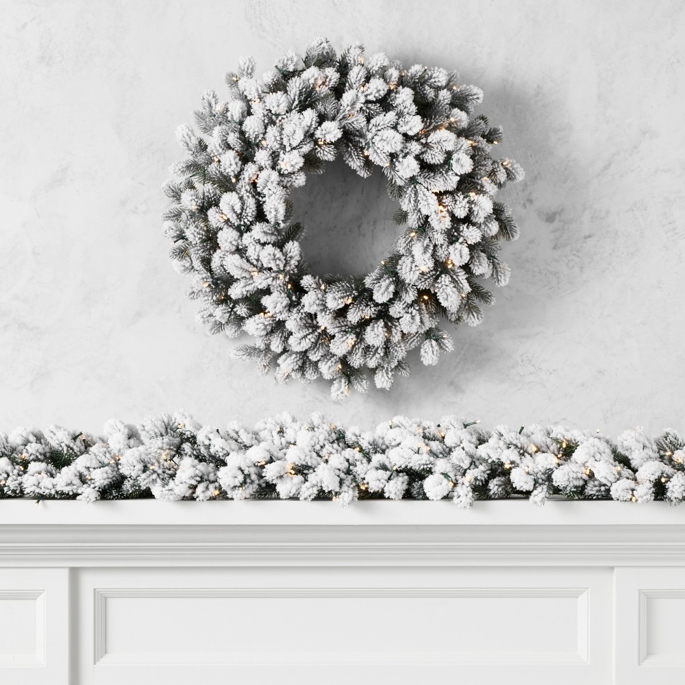 Jeff Leatham x Williams Sonoma Winter White Flocked Pre-Lit Wreath &amp; Garland | Williams-Sonoma