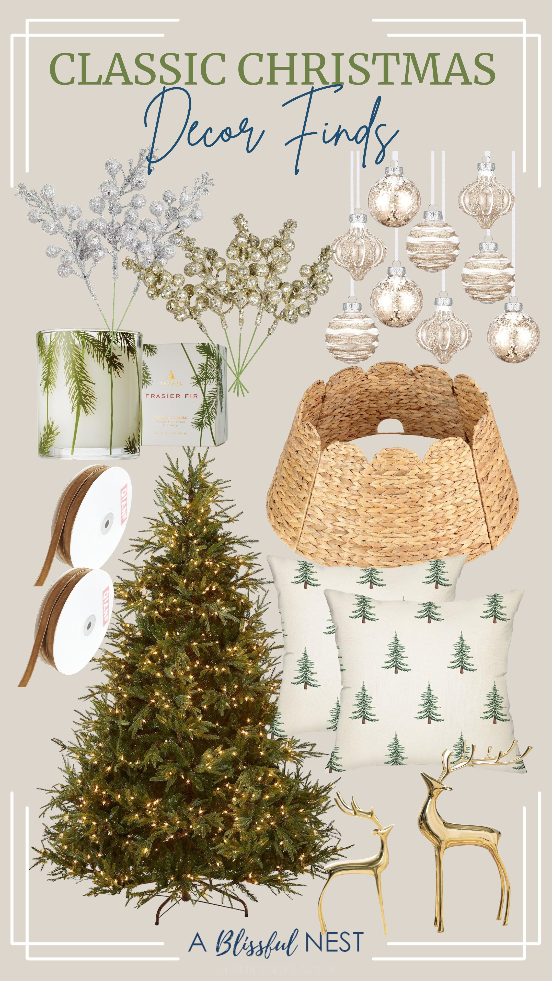 A touch of gold, a little greenery, and all the cheer. Tap to shop!
clear Christmas ball ornaments, Christmas glitter berries stems, reindeer figurine statues, Christmas pillows, holiday candles, wicker scalloped Christmas tree collar, pre-lit Christmas tree, vintage khaki velvet ribbon 

 #LTKHoliday #LTKHome #LTKFindsUnder100