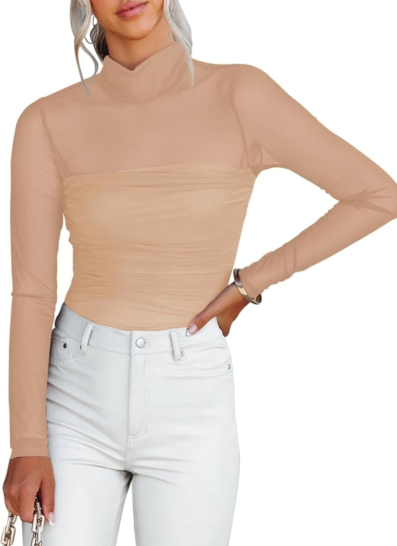 REORIA Women’s Sexy Mock Turtle Neck Long Sleeve Sheer Mesh Ruched Going Out Bodysuits Tops | Amazon (US)