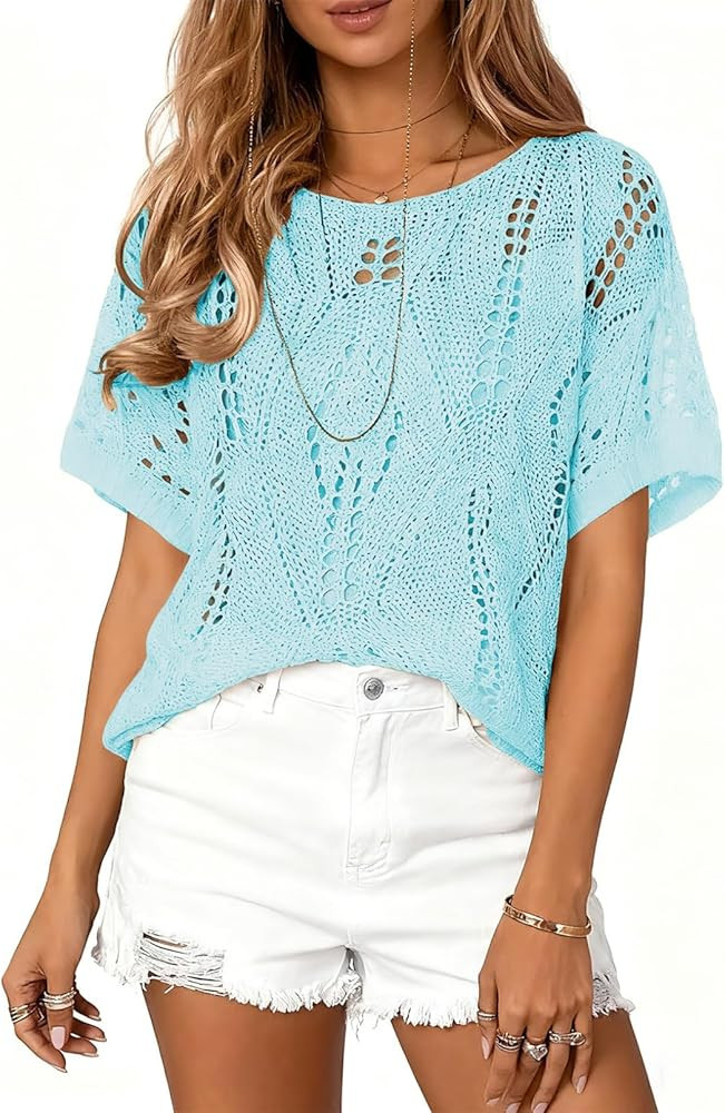 Eytino Women Plus Size Summer Tops Short Sleeve Crochet Hollow Out Sweaters 2026 Spring Trendy Be... | Amazon (US)