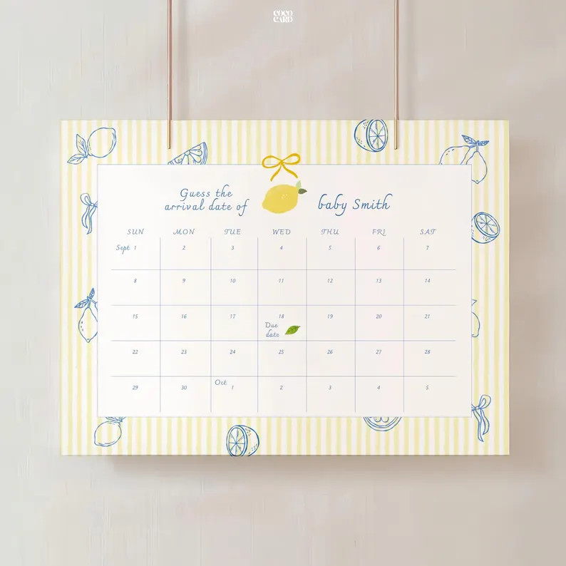 Lemon Baby Shower Due Date Calendar: Hand Drawn Citrus, Yellow Stripe, Can't Wait to Squeeze You ... | Etsy (Global)