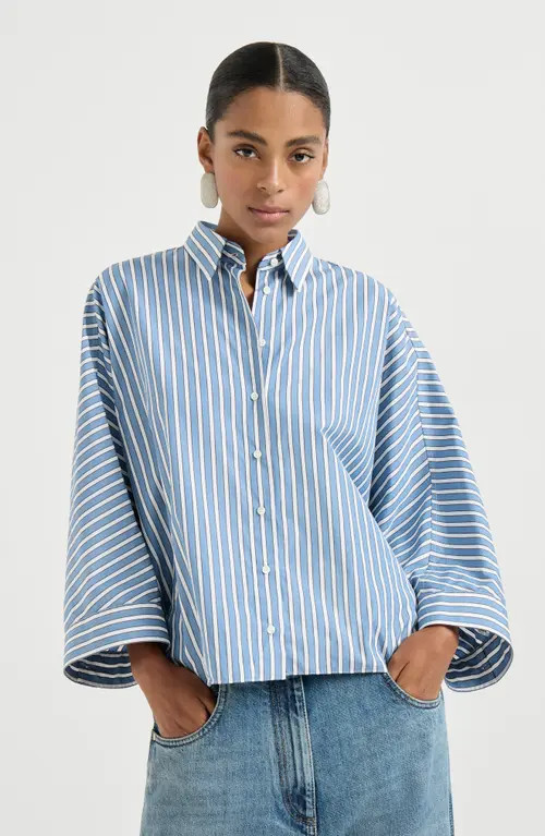 Brunello Cucinelli Striped poplin shirt in Azure at Nordstrom, Size Medium | Nordstrom