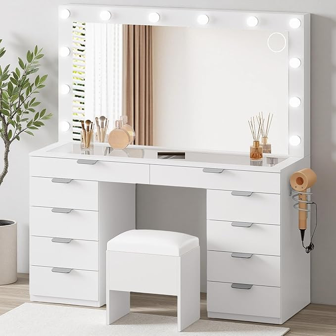 DWVO Vanity Desk Set with Mirror & Power Outlets, Vanity Table with Stool, 12 LED Bulbs, 3 Dimmab... | Amazon (US)