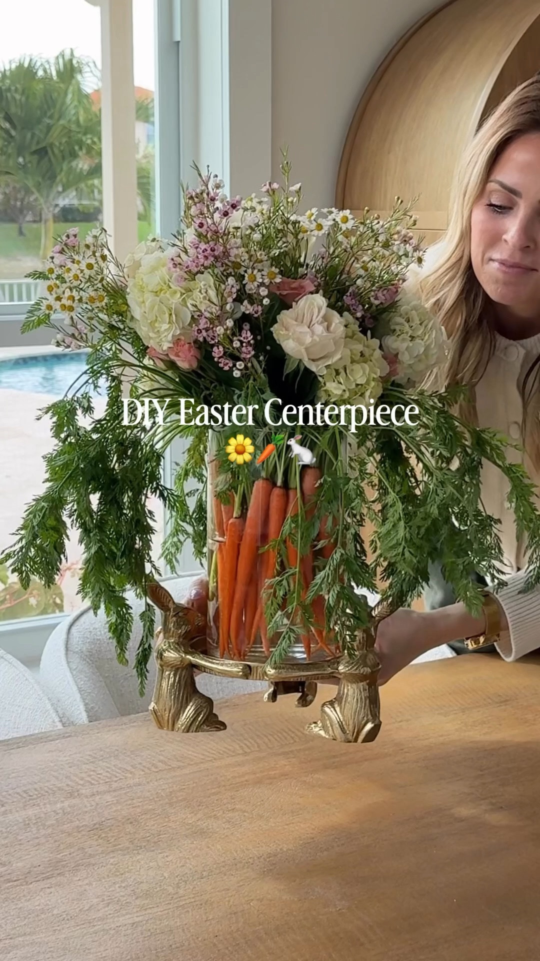 🥕DIY Floral Carrot Centerpiece🥕 When I saw this gold bunny hurricane candle holder at @michaelsstores I knew I had to make it into a floral arrangement. It came out so beautiful. The carrots look so whimsical. Finding the frilly carrots was a mission but I ended up finding them at Whole Foods! Would you try this? 
🧡Check out my friends @debtrette & @aurelie.erikson for their beautiful carrot centerpieces. 
.
.
.
.
#eastercenterpiece #centerpiecesideas #floralarrangements #brunchideas #easterdecor

#LTKmomlife #LTKSeasonal #LTKHome