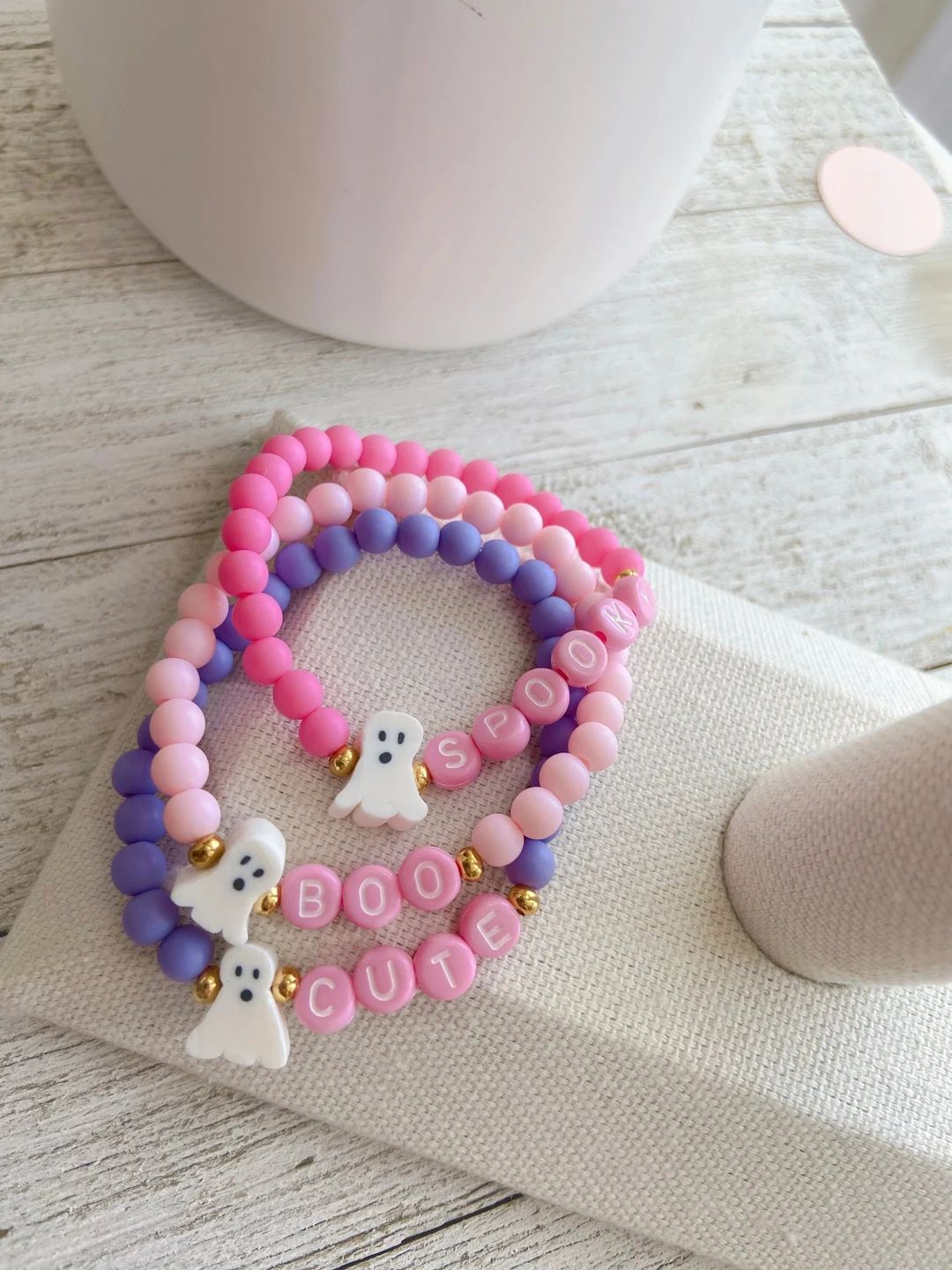 Girl's Personalized Pinkoween Cute Ghost Name Bracelets - Etsy | Etsy (US)