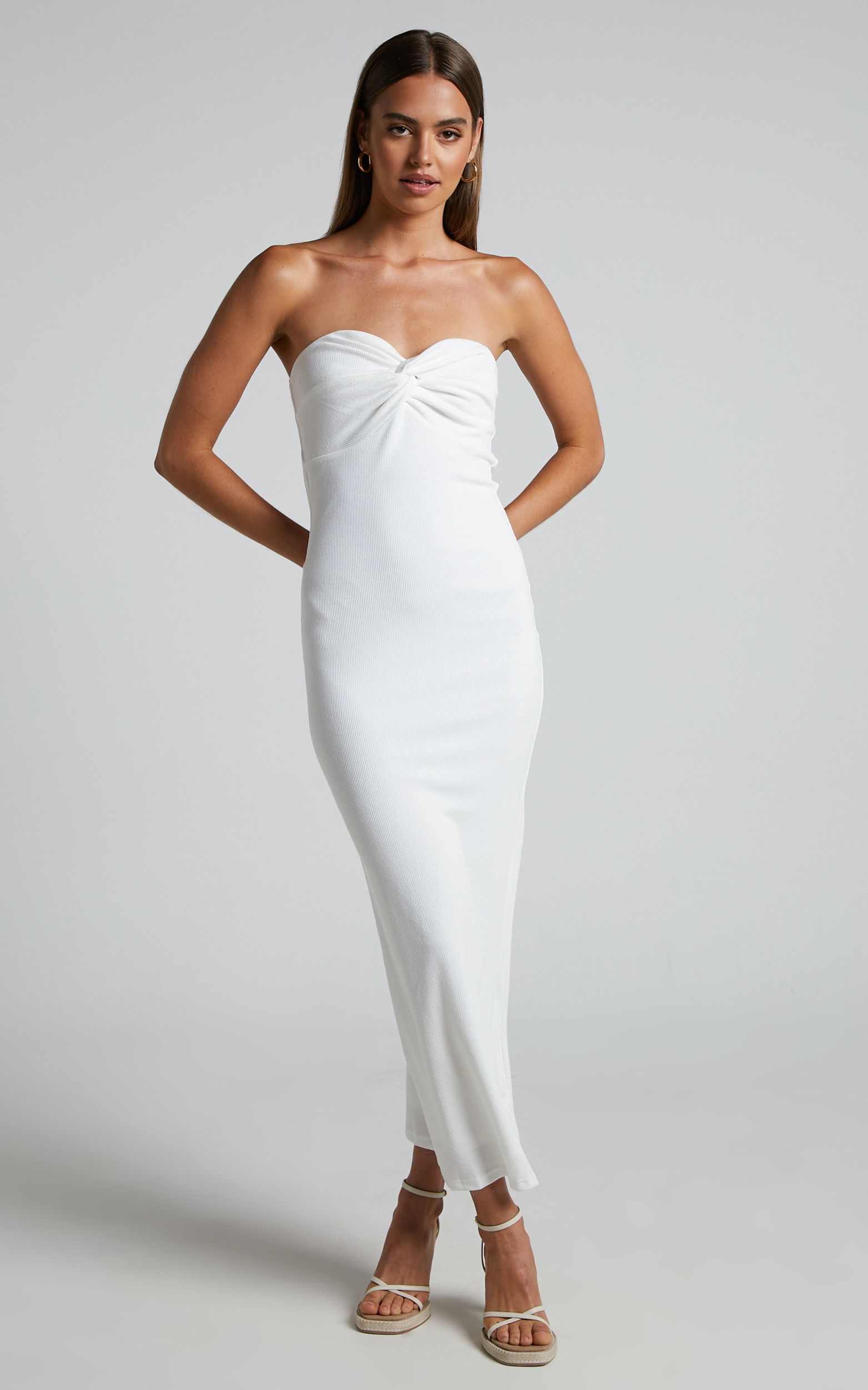 Aravis Midi Dress - Twist Front Strapless Ribbed Bodycon Dress in White | Showpo (US, UK & Europe)