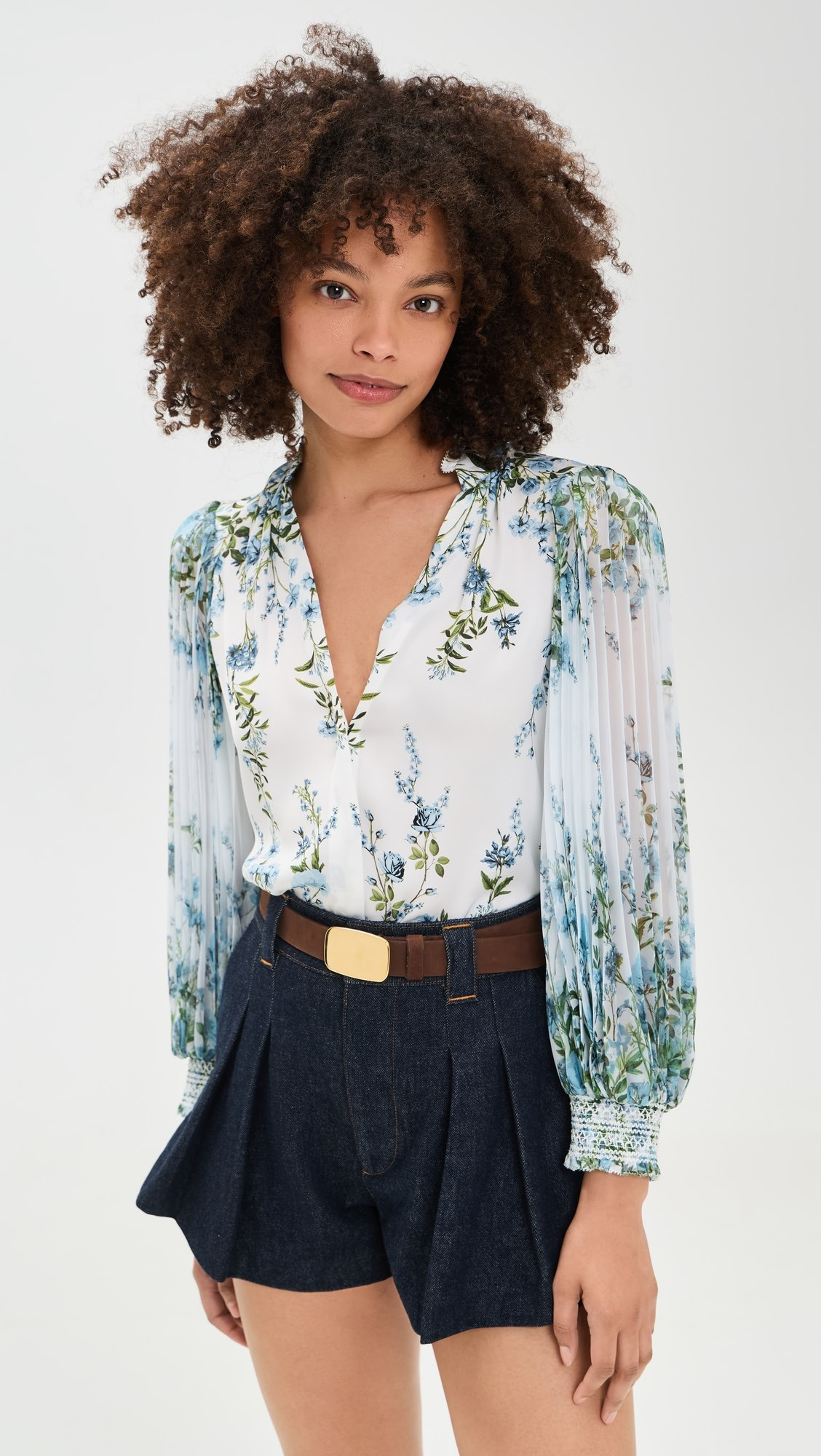 Pleated Blouson Sleeve Button Front Blouse | Shopbop