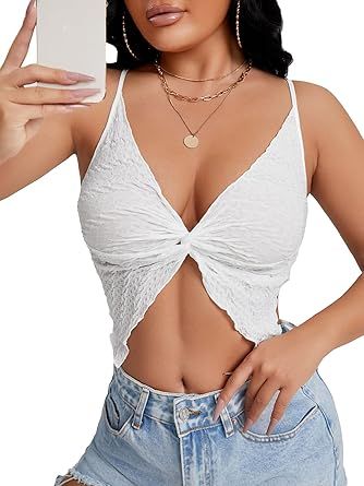 SOLY HUX Women's Sexy Twist Front Asymmetrical Hem Spaghetti Strap Cami Crop Tops | Amazon (US)