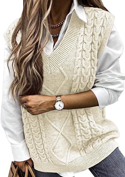 AlvaQ Women Oversized Cable Knitted Sweater Vest Vintage V Neck Loose Sleeveless Sweaters Tops | Amazon (US)