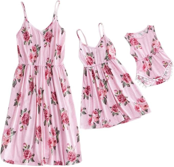 Mommy and Me Leaf Print Sleeveless Vintage Dresses Family Matching Spaghetti Straps Party Beach M... | Amazon (US)