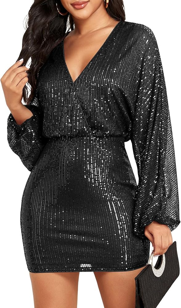 ZAFUL Women's Long Sleeve Sequin Dress With Sleeves Black Party Dress Mini Party Dress Amazon Winter | Amazon (US)