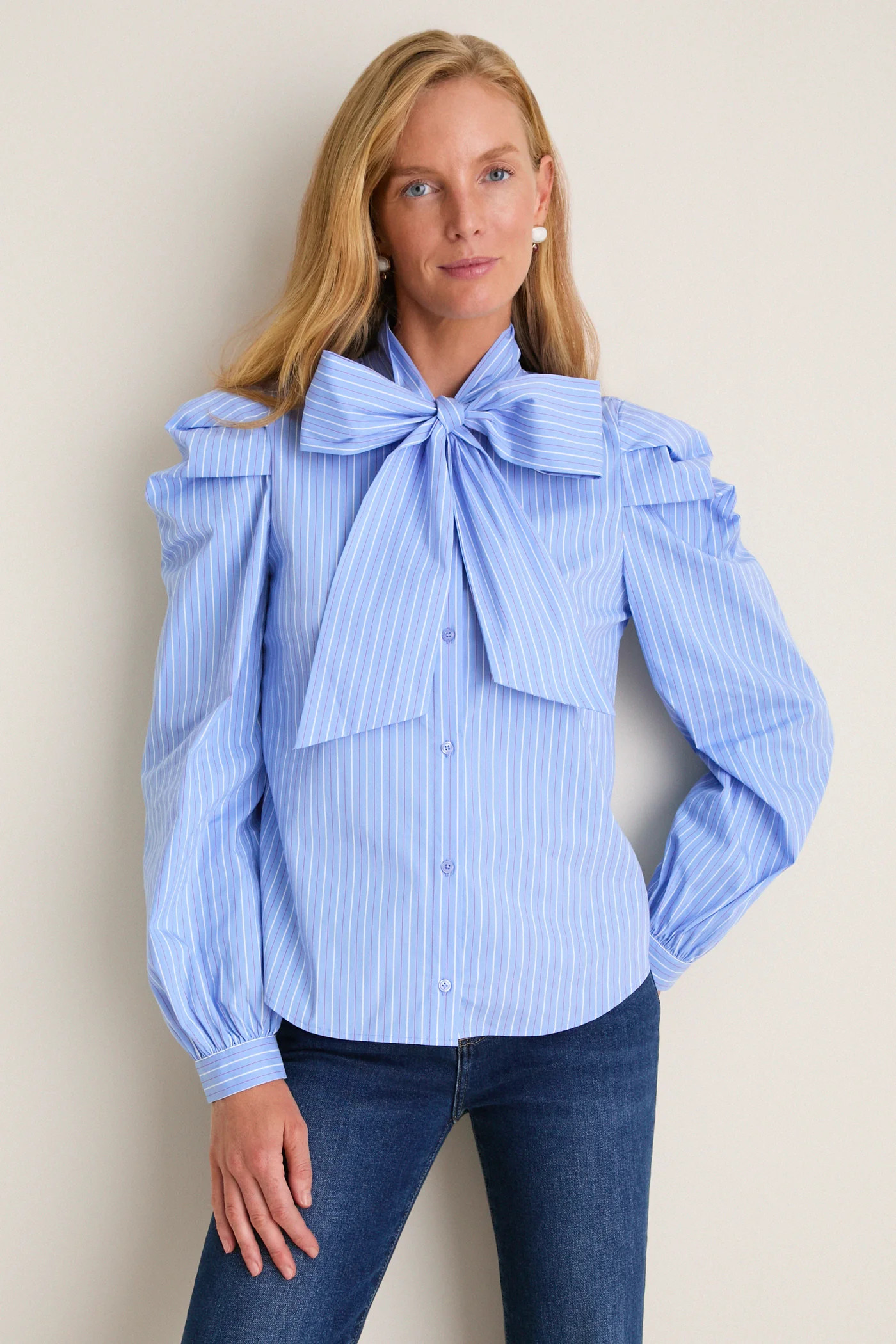 Blue, White, and Red Micro Stripe Long Sleeve French Bow Shirt | Tuckernuck (US)