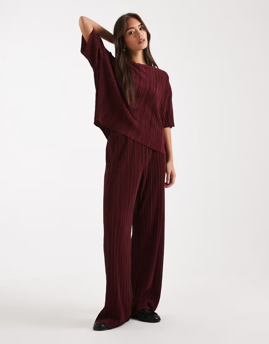 ONLY plisse wide leg trousers co-ord in burgundy-Red | ASOS (Global)