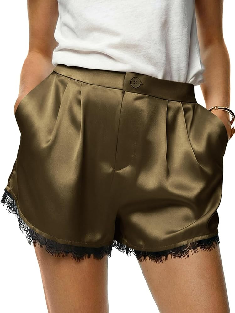Tankaneo Womens Satin Silk Shorts Summer Casual High Waist Lace Button Lounge Shorts with Pockets | Amazon (US)