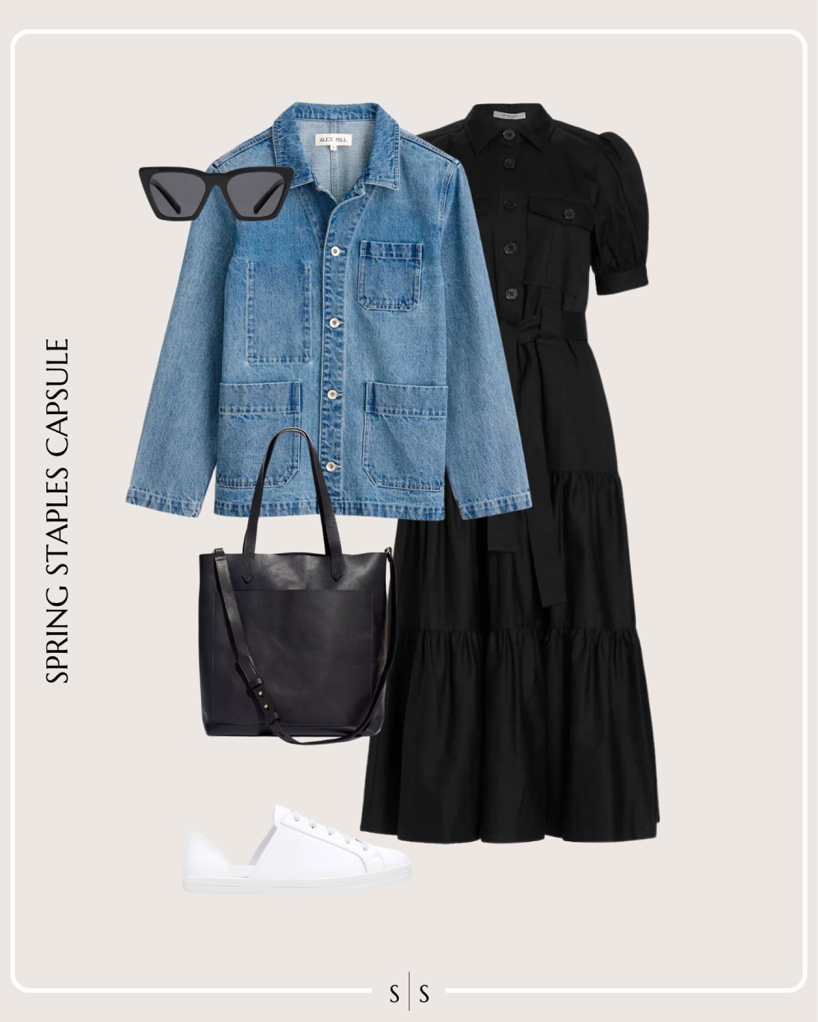 Spring Staples Capsule Wardrobe outfit idea | black shirt dress, denim jacket, white sneaker, tote bag, sunglasses 

See the entire staples capsule on thesarahstories.com ✨ 


#LTKstyletip