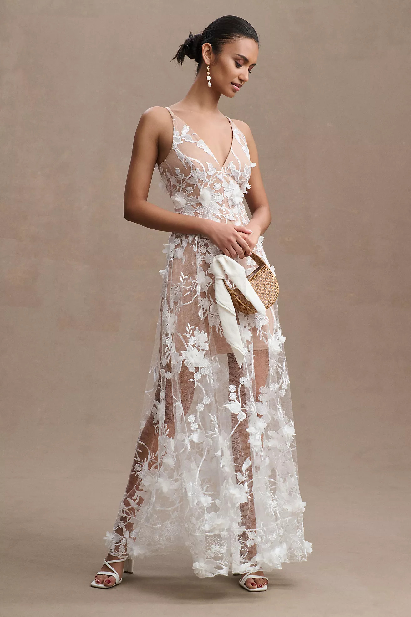 Dress The Population Sidney A-Line Sheer Lace Floral Appliqué Gown | Anthropologie (US)