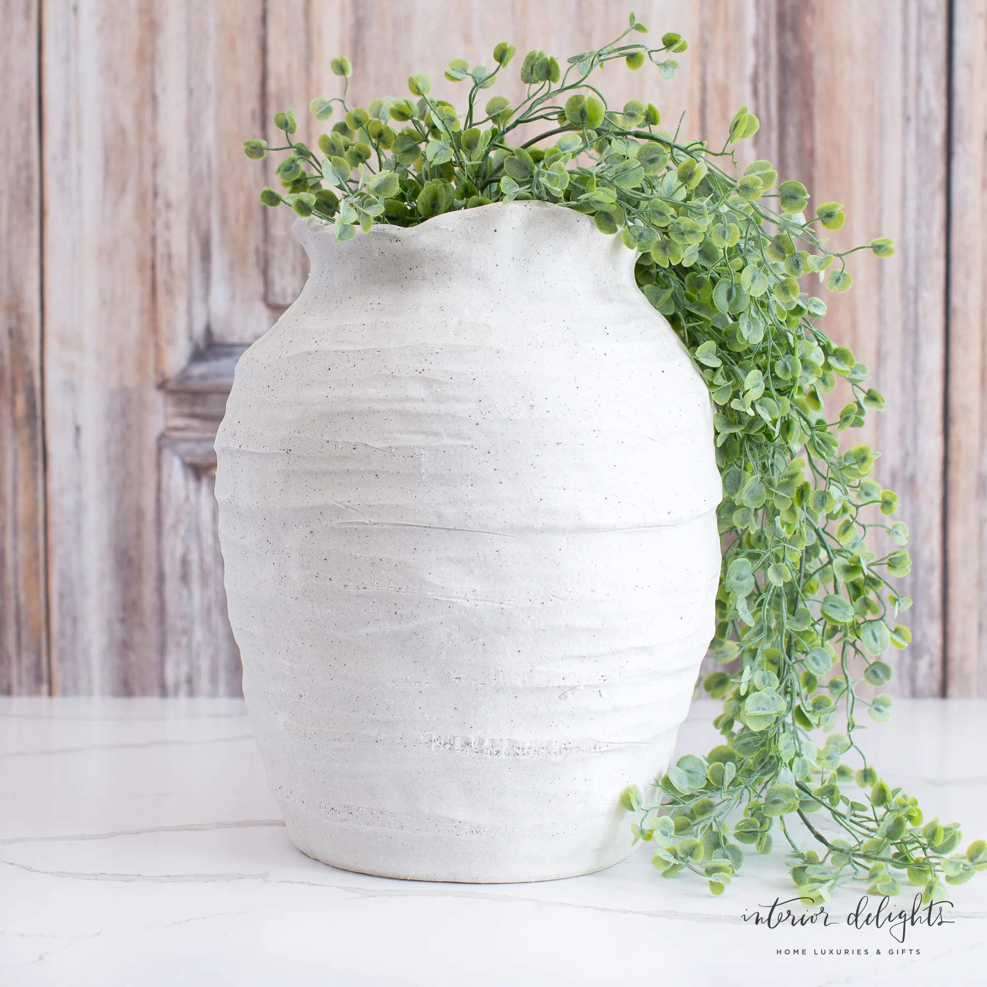 12” White Scalloped Top Stoneware Vase | Interior Delights