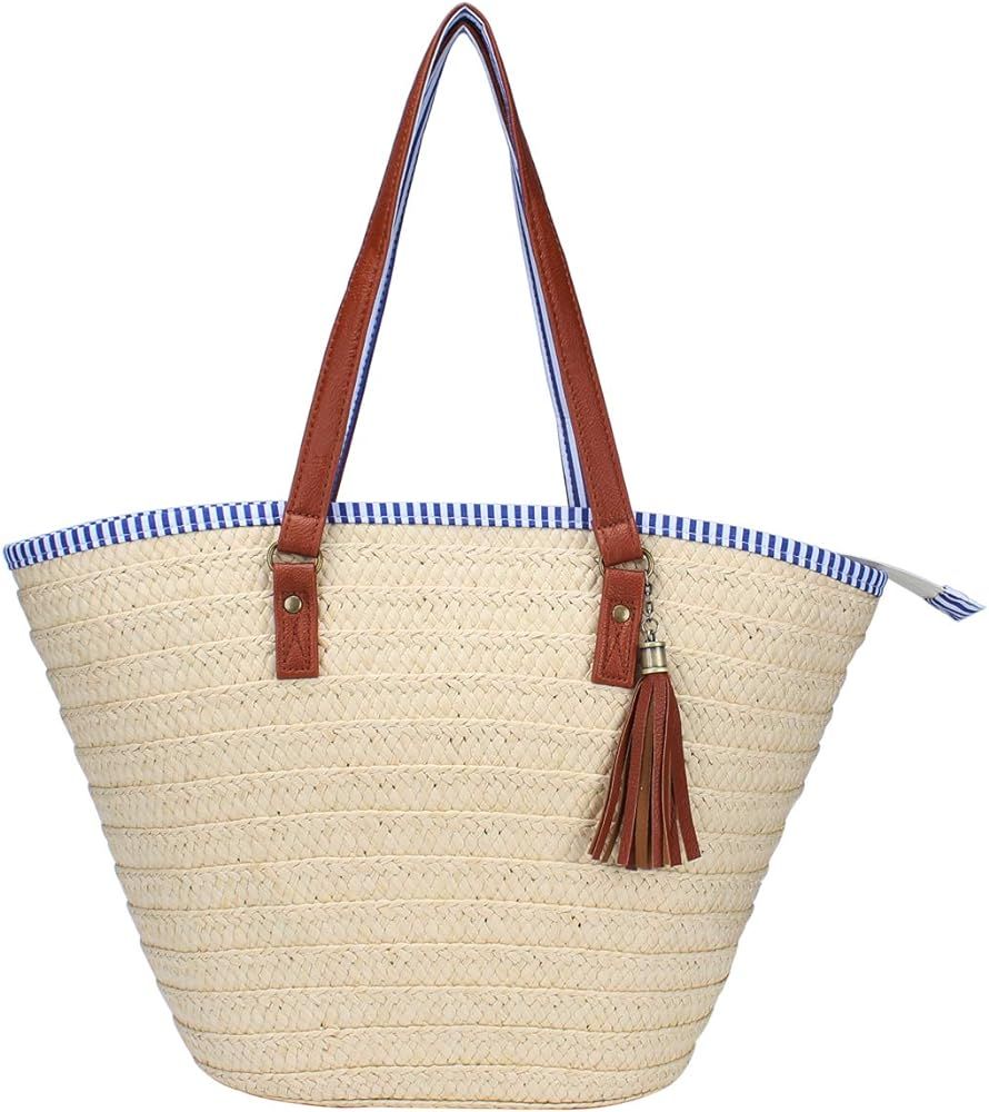 Sornean Straw Beach Bag Handbags Shoulder Bag Tote,Striped Lining,PU Leather Handle-Eco Friendly | Amazon (US)