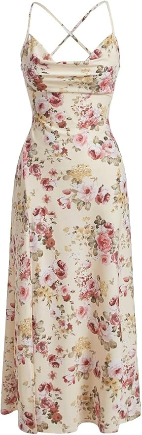 MakeMeChic Women's Elegant Floral Printed Draped Collar Criss Cross Backless Midi Dress | Amazon (US)