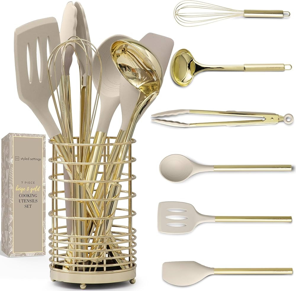 7-Piece Beige & Gold Kitchen Utensils Set – Non-Toxic Silicone & Stainless Steel Tools for Cook... | Amazon (US)