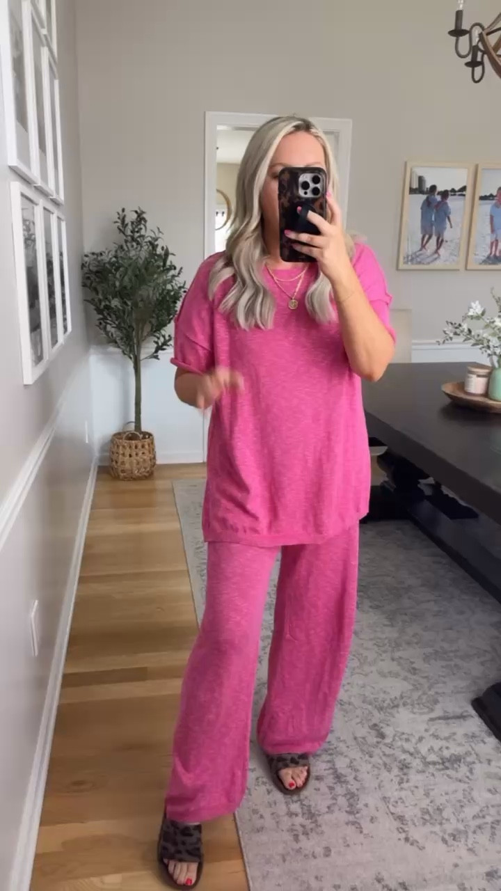 This pink set is so good, lightweight, soft, and the perfect relaxed fit that you can wear all day without thinking twice. The pants have that easy, flowy feel but still look put together, and the top is one of those pieces you’ll keep reaching for on repeat.

 matching set comfy lounge set wide leg pants casual outfit easy outfit everyday style soft basics relaxed fit set spring lounge wear lovelylifestyling 

#LTKootd #LTKSeasonal #LTKOver40