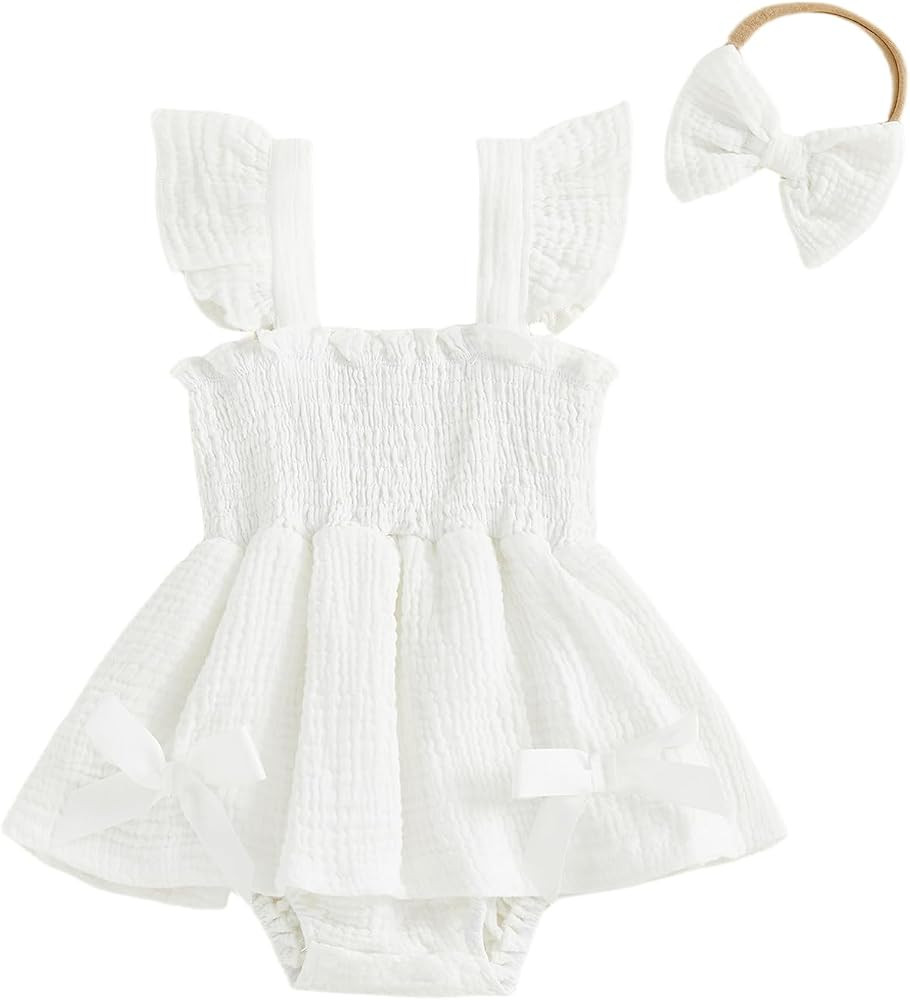 Toddler Baby Girl Summer Clothes Ruffled Romper Dress Bodysuit with Headband Cute Infant Outfits | Amazon (US)