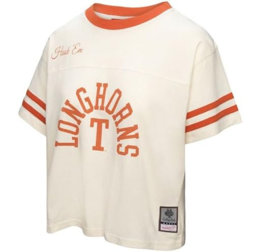 Mitchell & Ness Women's Texas Longhorns Cropped Yoke T-Shirt, Off White with Burnt Orange Trim, Short Sleeve (US, Alpha, XX-Large, Regular, Regular, Off White, Texas Longhorns) | Amazon (US)