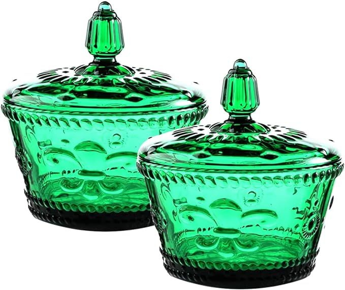 Set of 2 European Retro Nostalgic 3D Relief Green Glass Jar Candy Jar Seasoning Jar with Lid | Amazon (US)