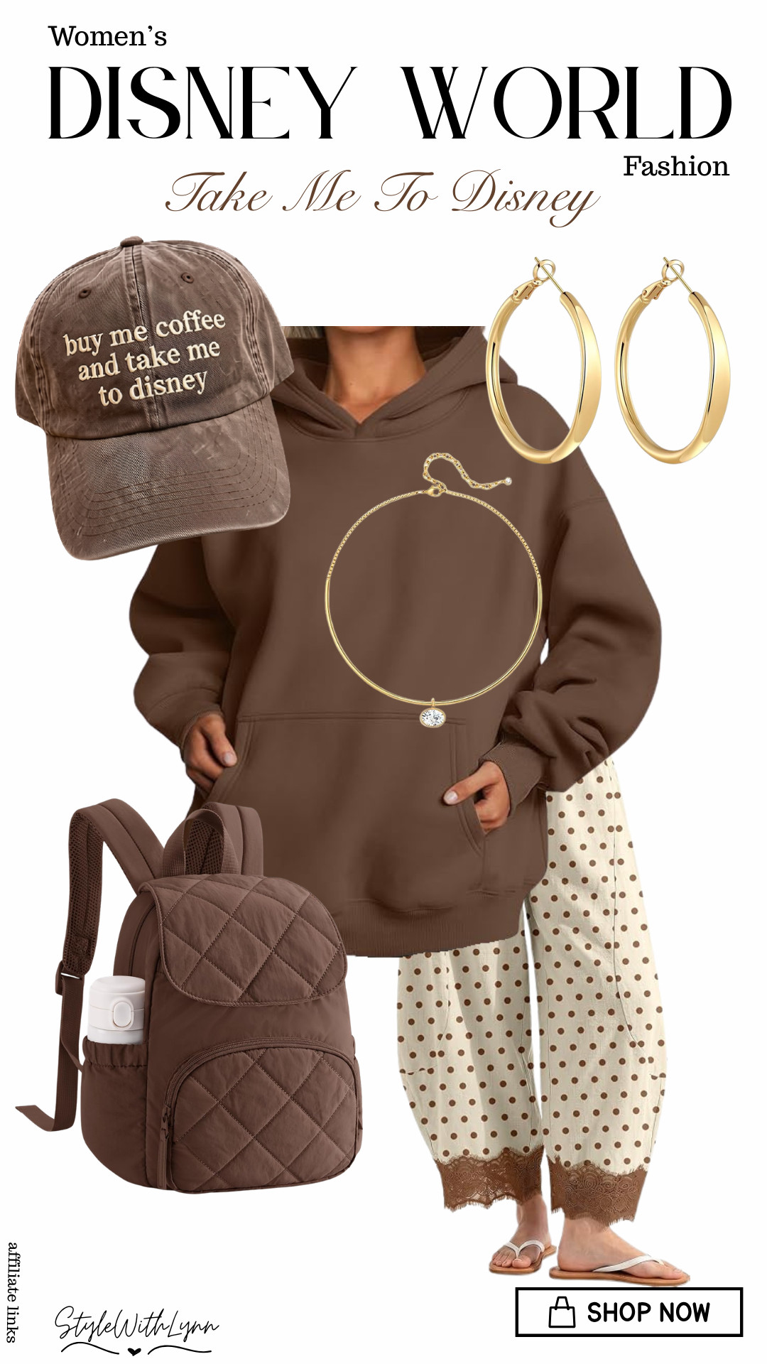 🤎✨ The perfect Disney World outfit for those cooler mornings, coffee runs, resort days, or a full day in the parks. The oversized brown hoodie keeps it cozy, while the polka-dot pants add the sweetest feminine touch. Add the “buy me coffee and take me to Disney” hat, gold hoops, and a quilted backpack, and you’ve got a look that’s practical and picture-perfect. ☕️🏰

✨ SHOP THIS ENTIRE DISNEY WORLD LOOK through my LTK, I've linked everything for you! 

Follow for Disney outfit inspiration, affordable Disney finds, park-ready looks and mom-friendly Disney style!

#DisneyWorldOutfits #DisneyOutfitIdeas #DisneyStyle #DisneyFashion #DisneyMom #DisneyWorldFashion #WhatToWearToDisneyWorld #DisneyParksOutfits #DisneyVacationOutfits #DisneyPacking #DisneyStyleForWomen #DisneyMomStyle 

 #LTKootd #LTKmomlife #LTKTravel