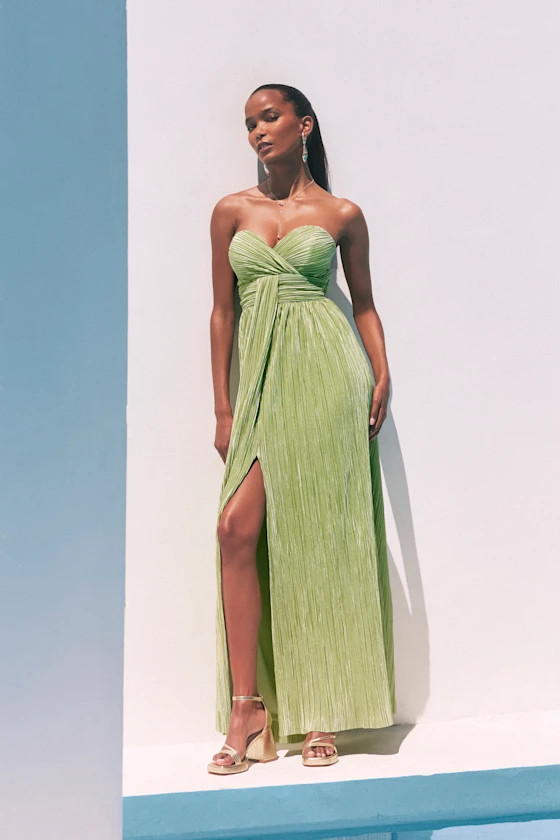 Oswin Lime Green Satin Plisse Strapless Maxi Dress | Lulus