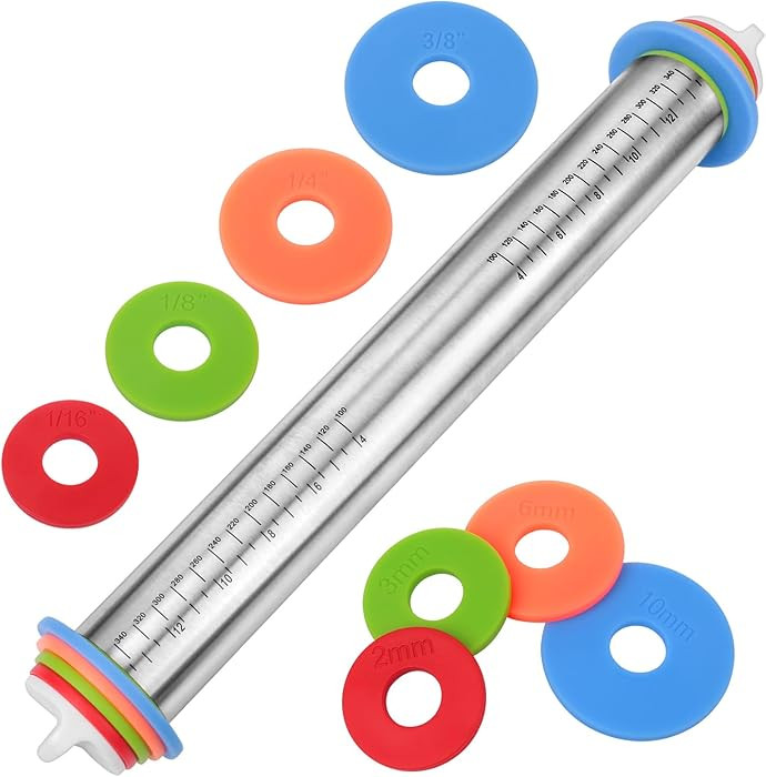 Adjustable Rolling Pin with Thickness Rings for Baking, Stainless Steel Designs Dough Roller Pins... | Amazon (US)