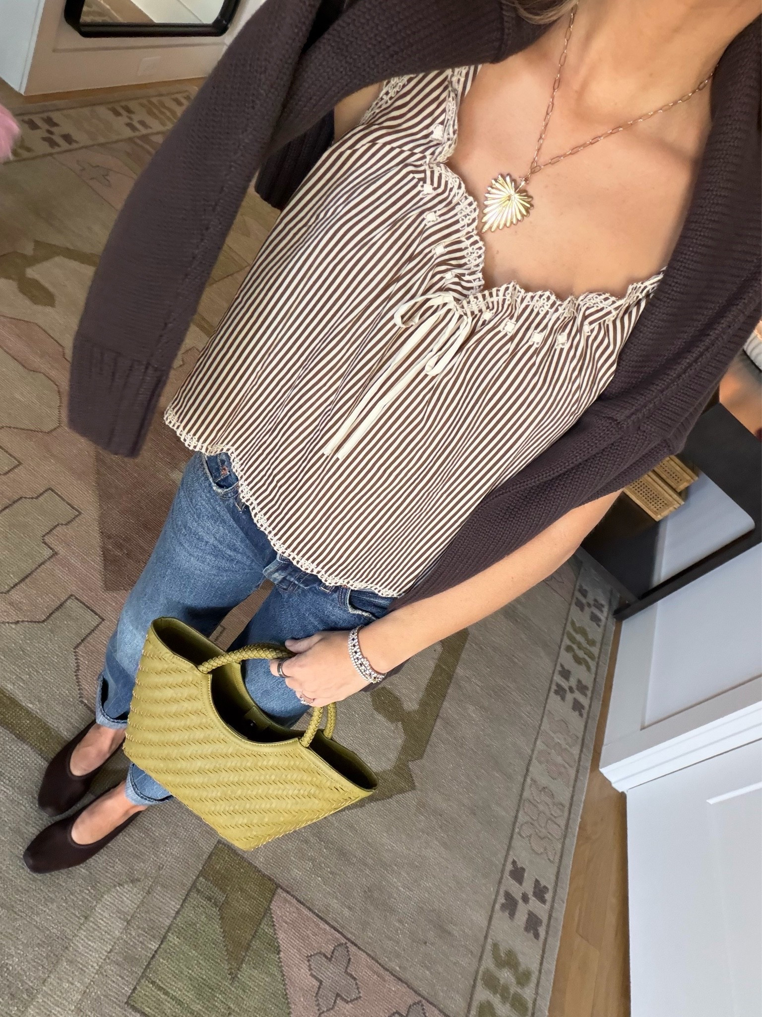 Early fall look in chocolate brown. My everyday mom outfit for running errands.

Pajama set top · wearing XS. This top is actually part of a pajama set, but I love it so much. I've worn each piece separately!

Petite length jeans · for reference, I'm 5'3" and I had to cuff them a little bit.

Gap chocolate brown sweater · wearing XS. So perfect for fall, and I believe it's on sale.

Fall outfit · early fall outfit · mom outfit · errand outfit · everyday outfit · petite outfit · brown sweater · chocolate brown · cuffed jeans · pajama set · fall color palette · casual outfit