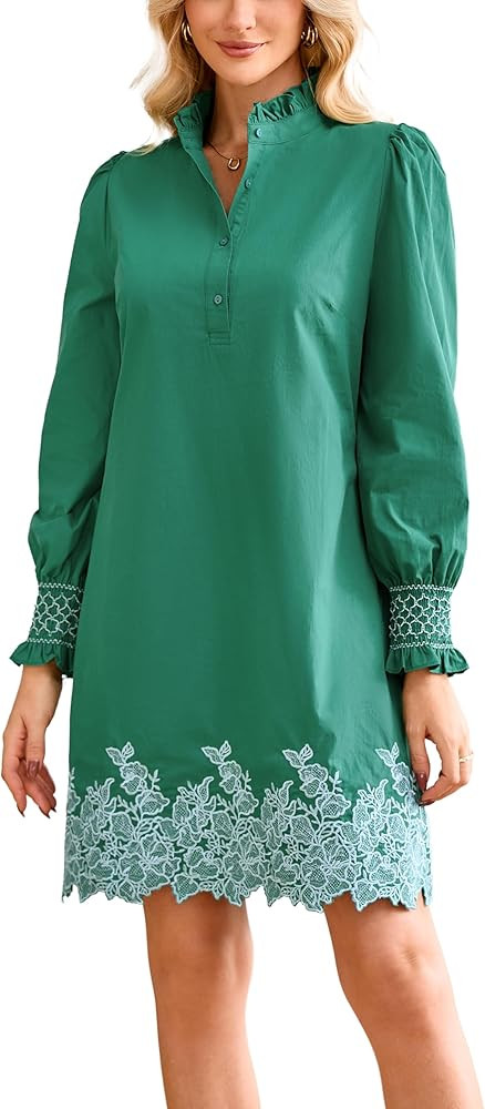 Women's Spring Embroidered Mini Dress Long Puff Sleeve Ruffle Collar Button Front Shift Dress | Amazon (US)