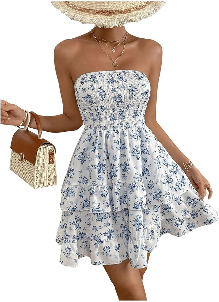 WDIRARA Women's Floral Print Ruffle Hem Tiered Layer Backless Shirred Tube A Line Dress | Amazon (US)