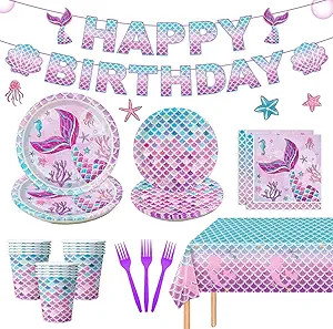 122Pcs Mermaid Birthday Party Decorations Set Mermaid Party Supplies Includes Plates, Napkin, For... | Amazon (US)