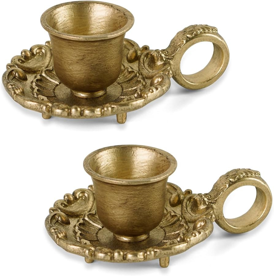 NIKKY HOME Vintage Gold Taper Candle Holders Set of 2, Handle & Drip Tray | Amazon (US)