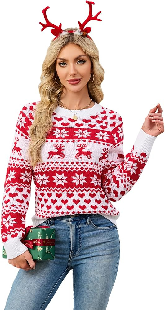 SunnyMelody Womens Christmas Sweater Holiday Ugly Sweater Reindeer Snowflake Heart Knit Pullover ... | Amazon (US)
