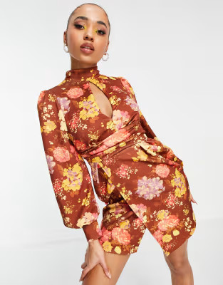 ASOS DESIGN 70s plunge wrap waisted mini dress in floral print | ASOS (Global)
