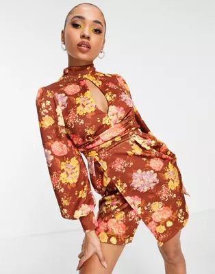 ASOS DESIGN 70s plunge wrap waisted mini dress in floral print | ASOS (Global)