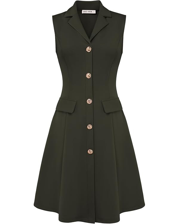GRACE KARIN Work Dresses for Women 2026 Sleeveless Button Business Midi Dress Notch Lapel V Neck ... | Amazon (US)
