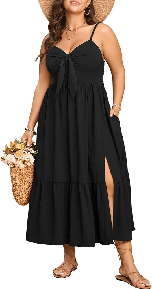 SCOMCHIC Womens Plus Size Summer Maxi Sun Dress Spaghetti Strap Tie Front Smocked Ruffle Split Casual Boho Beach Dresses | Amazon (US)