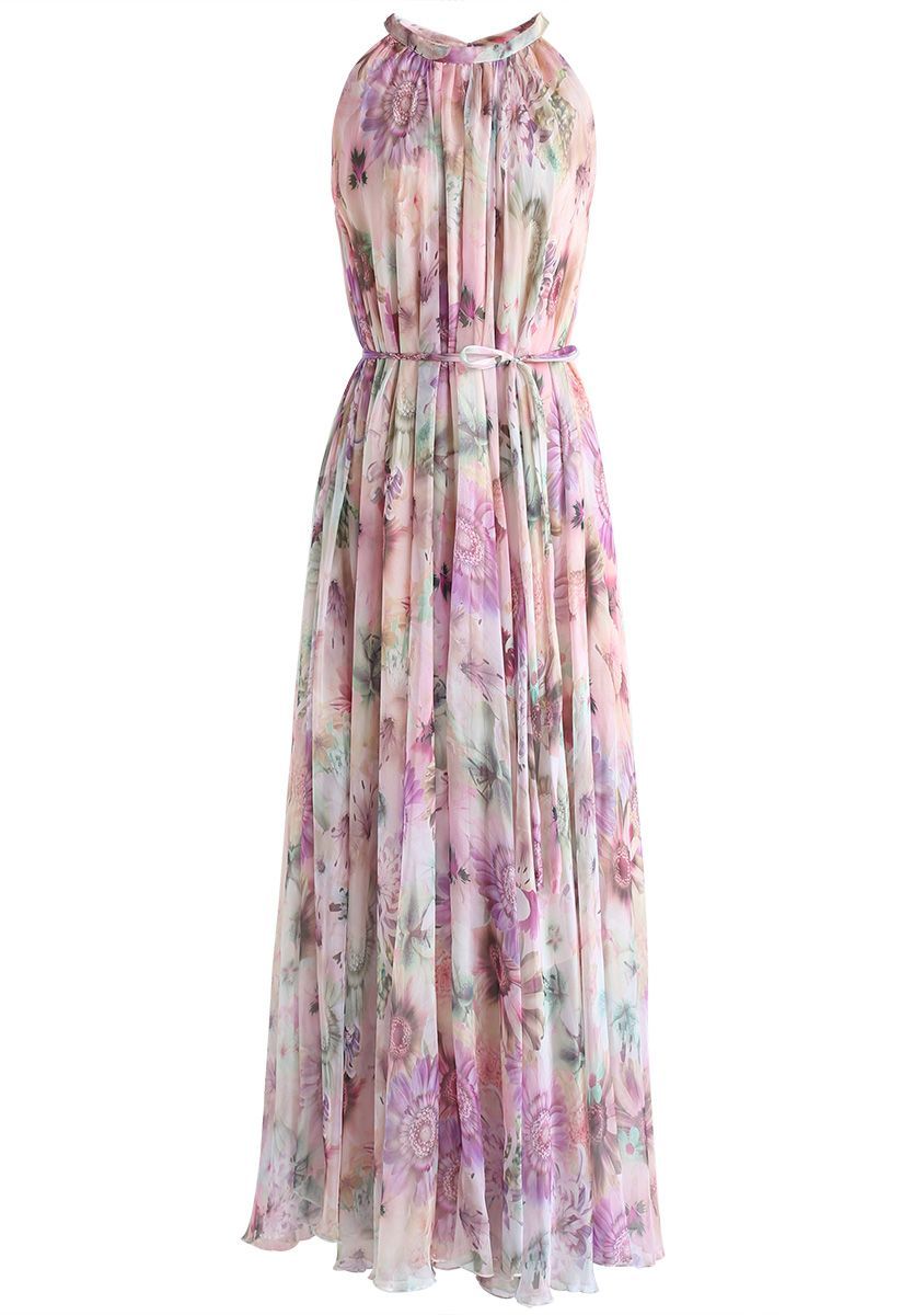 Sunflower Blossom Watercolor Chiffon Maxi Slip Dress | Chicwish