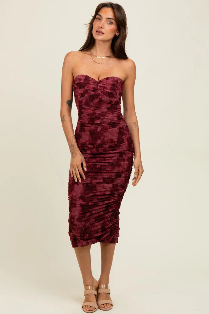 Burgundy Mesh Velvet Strapless Ruched Midi Dress | PinkBlush Maternity