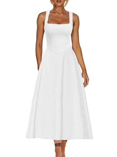 Kaximil Women's Square Neck Sleeveless A Line Maxi Dress Smocked Ruffle Flowy Casual Long Dresses, Medium, White | Amazon (US)