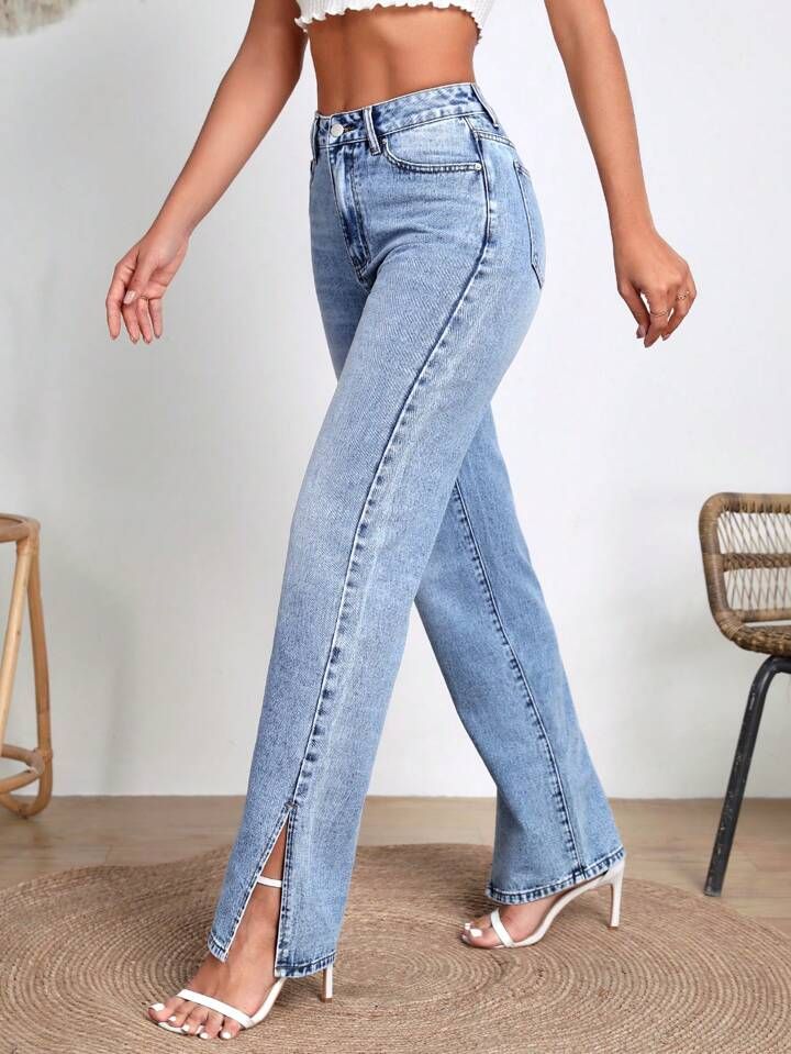 SHEIN Frenchy Split Hem Straight Leg Jeans | SHEIN