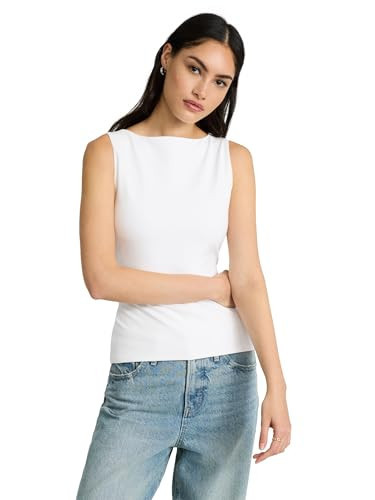 EXPRESS Women’s Body Contour Tank – Fitted Boatneck Cotton-Blend, Smoothing Stretch, Layering Essential – White | Amazon (US)