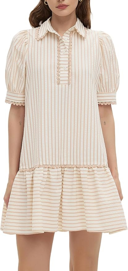 Striped Dress for Women Collared Short Puff Sleeve Ruffle Hem Summer Tunic Flowy Shirt Mini Dress | Amazon (US)