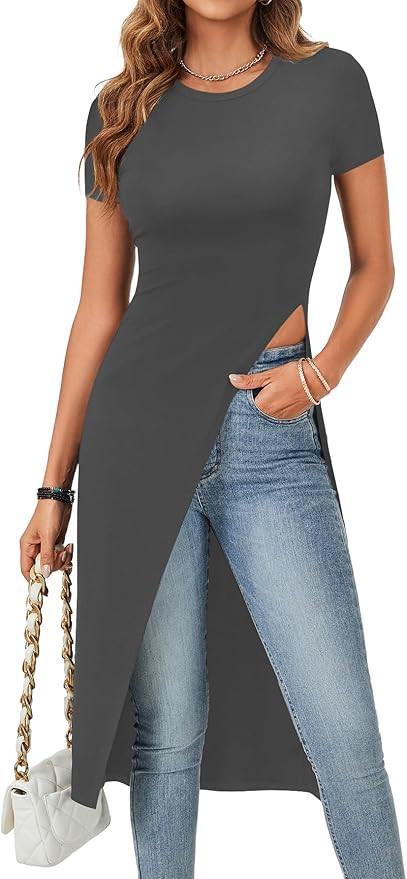 Vrtige Women's Summer Crewneck Short Sleeve Split Slit Asymmetrical Hem Long Fitted Tee Top Shirt | Amazon (US)