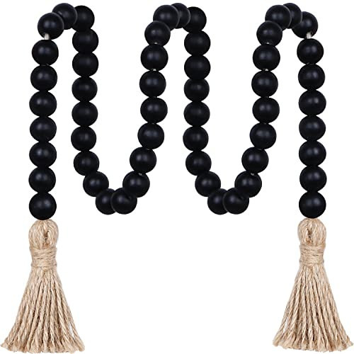 Meplait 39in Wood Bead Garland Farmhouse with Tassels,Versatile Prayer Beads Boho Chic Wall Hanging Home Decor (Black) | Amazon (US)